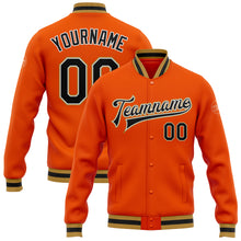 Laden Sie das Bild in den Galerie-Viewer, Custom Orange Black-Old Gold Bomber Full-Snap Varsity Letterman Jacket