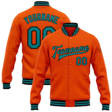 Load image into Gallery viewer, Custom Orange Teal-Black Bomber Full-Snap Varsity Letterman Jacket