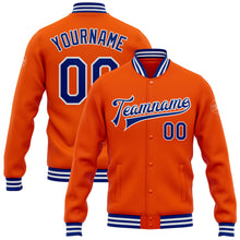 Load image into Gallery viewer, Custom Orange Royal-White Bomber Full-Snap Varsity Letterman Jacket