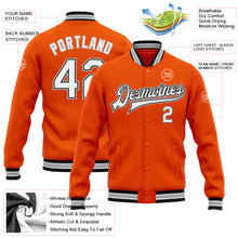 Laden Sie das Bild in den Galerie-Viewer, Custom Orange White Black-Gray Bomber Full-Snap Varsity Letterman Jacket