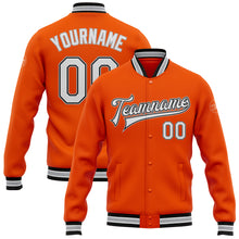 Laden Sie das Bild in den Galerie-Viewer, Custom Orange White Black-Gray Bomber Full-Snap Varsity Letterman Jacket