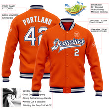 Laden Sie das Bild in den Galerie-Viewer, Custom Orange White Navy-Gray Bomber Full-Snap Varsity Letterman Jacket