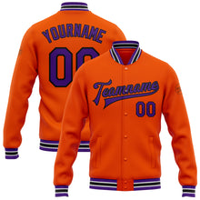 Load image into Gallery viewer, Custom Orange Purple-Black Bomber Full-Snap Varsity Letterman Jacket