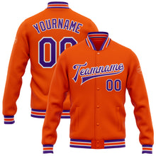 Laden Sie das Bild in den Galerie-Viewer, Custom Orange Purple-White Bomber Full-Snap Varsity Letterman Jacket