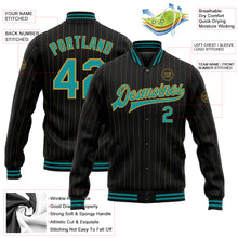 Charger l'image dans la galerie, Custom Black Old Gold Pinstripe Teal Bomber Full-Snap Varsity Letterman Jacket