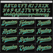 Charger l'image dans la galerie, Custom Black Old Gold Pinstripe Teal Bomber Full-Snap Varsity Letterman Jacket