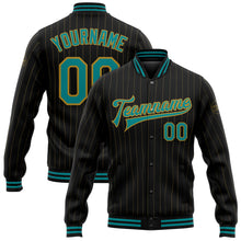 Charger l'image dans la galerie, Custom Black Old Gold Pinstripe Teal Bomber Full-Snap Varsity Letterman Jacket