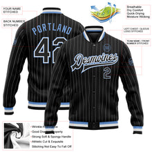 Laden Sie das Bild in den Galerie-Viewer, Custom Black White Pinstripe Light Blue Bomber Full-Snap Varsity Letterman Jacket