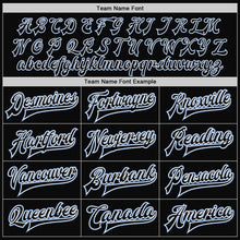 Laden Sie das Bild in den Galerie-Viewer, Custom Black White Pinstripe Light Blue Bomber Full-Snap Varsity Letterman Jacket