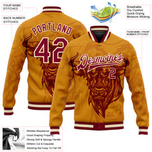 Laden Sie das Bild in den Galerie-Viewer, Custom Gold Maroon-Cream Angry Bull 3D Pattern Design Bomber Full-Snap Varsity Letterman Jacket