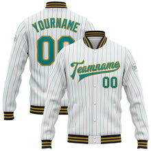 Загрузить изображение в средство просмотра галереи, Custom White Teal Pinstripe Old Gold-Black Bomber Full-Snap Varsity Letterman Jacket