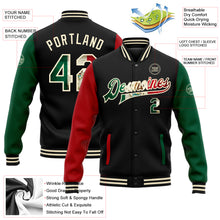 Charger l'image dans la galerie, Custom Black Vintage Mexican Flag Cream Kelly Green-Red Bomber Full-Snap Varsity Letterman Two Tone Jacket