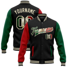 Charger l'image dans la galerie, Custom Black Vintage Mexican Flag Cream Kelly Green-Red Bomber Full-Snap Varsity Letterman Two Tone Jacket