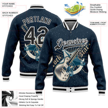 Laden Sie das Bild in den Galerie-Viewer, Custom Navy Black-White Guitar Rock Star Music Festival 3D Pattern Design Bomber Full-Snap Varsity Letterman Jacket