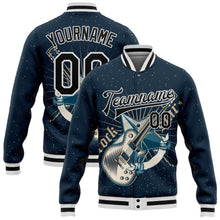 Laden Sie das Bild in den Galerie-Viewer, Custom Navy Black-White Guitar Rock Star Music Festival 3D Pattern Design Bomber Full-Snap Varsity Letterman Jacket
