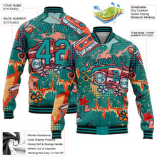 Laden Sie das Bild in den Galerie-Viewer, Custom Teal Black Music Festival 3D Pattern Design Bomber Full-Snap Varsity Letterman Jacket