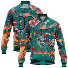 Laden Sie das Bild in den Galerie-Viewer, Custom Teal Black Music Festival 3D Pattern Design Bomber Full-Snap Varsity Letterman Jacket