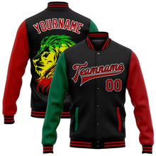Load image into Gallery viewer, Custom Black Red-Kelly Green Black History Month Lion 3D Pattern Design Bomber Full-Snap Varsity Letterman Jacket
