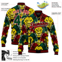 Charger l'image dans la galerie, Custom Black Kelly Green Red-Gold Black History Month Lion 3D Pattern Design Bomber Full-Snap Varsity Letterman Jacket