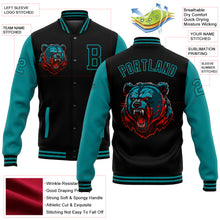 Laden Sie das Bild in den Galerie-Viewer, Custom Black Teal 3D Pattern Design Bomber Full-Snap Varsity Letterman Jacket