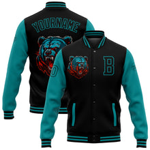 Laden Sie das Bild in den Galerie-Viewer, Custom Black Teal 3D Pattern Design Bomber Full-Snap Varsity Letterman Jacket
