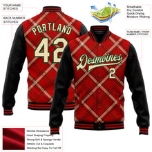 Laden Sie das Bild in den Galerie-Viewer, Custom Red City Cream Black-Green Check Board 3D Pattern Design Bomber Full-Snap Varsity Letterman Jacket