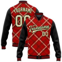 Laden Sie das Bild in den Galerie-Viewer, Custom Red City Cream Black-Green Check Board 3D Pattern Design Bomber Full-Snap Varsity Letterman Jacket