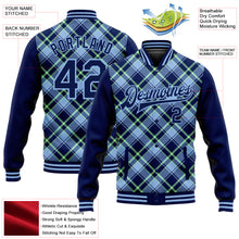 Laden Sie das Bild in den Galerie-Viewer, Custom Navy Light Blue-Neon Green Check Board 3D Pattern Design Bomber Full-Snap Varsity Letterman Jacket