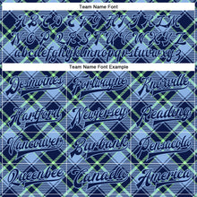 Laden Sie das Bild in den Galerie-Viewer, Custom Navy Light Blue-Neon Green Check Board 3D Pattern Design Bomber Full-Snap Varsity Letterman Jacket