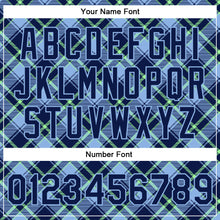 Laden Sie das Bild in den Galerie-Viewer, Custom Navy Light Blue-Neon Green Check Board 3D Pattern Design Bomber Full-Snap Varsity Letterman Jacket