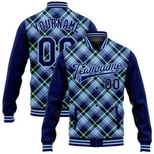 Laden Sie das Bild in den Galerie-Viewer, Custom Navy Light Blue-Neon Green Check Board 3D Pattern Design Bomber Full-Snap Varsity Letterman Jacket