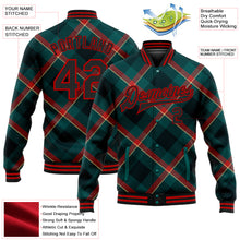 Laden Sie das Bild in den Galerie-Viewer, Custom Midnight Green Black-Red Check Board 3D Pattern Design Bomber Full-Snap Varsity Letterman Jacket
