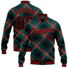 Laden Sie das Bild in den Galerie-Viewer, Custom Midnight Green Black-Red Check Board 3D Pattern Design Bomber Full-Snap Varsity Letterman Jacket