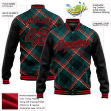 Laden Sie das Bild in den Galerie-Viewer, Custom Midnight Green Black-Red Check Board 3D Pattern Design Bomber Full-Snap Varsity Letterman Jacket