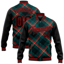Laden Sie das Bild in den Galerie-Viewer, Custom Midnight Green Black-Red Check Board 3D Pattern Design Bomber Full-Snap Varsity Letterman Jacket