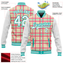 Laden Sie das Bild in den Galerie-Viewer, Custom Cream White-Aqua Check Board 3D Pattern Design Bomber Full-Snap Varsity Letterman Jacket