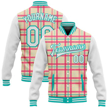 Laden Sie das Bild in den Galerie-Viewer, Custom Cream White-Aqua Check Board 3D Pattern Design Bomber Full-Snap Varsity Letterman Jacket