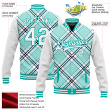 Laden Sie das Bild in den Galerie-Viewer, Custom Ice Blue Aqua-Navy Check Board 3D Pattern Design Bomber Full-Snap Varsity Letterman Jacket