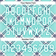 Laden Sie das Bild in den Galerie-Viewer, Custom Ice Blue Aqua-Navy Check Board 3D Pattern Design Bomber Full-Snap Varsity Letterman Jacket