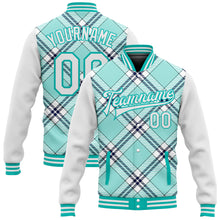 Laden Sie das Bild in den Galerie-Viewer, Custom Ice Blue Aqua-Navy Check Board 3D Pattern Design Bomber Full-Snap Varsity Letterman Jacket