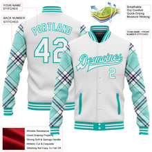 Laden Sie das Bild in den Galerie-Viewer, Custom White Ice Blue Aqua-Navy Check Board 3D Pattern Design Bomber Full-Snap Varsity Letterman Jacket