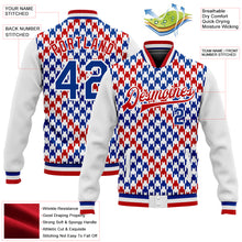 Laden Sie das Bild in den Galerie-Viewer, Custom White Royal-Red Check Board 3D Pattern Design Bomber Full-Snap Varsity Letterman Jacket
