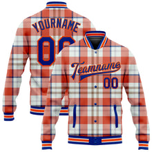 Laden Sie das Bild in den Galerie-Viewer, Custom Orange Royal-White Check Board 3D Pattern Design Bomber Full-Snap Varsity Letterman Jacket