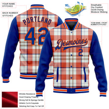 Laden Sie das Bild in den Galerie-Viewer, Custom Orange Royal-White Check Board 3D Pattern Design Bomber Full-Snap Varsity Letterman Jacket