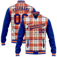 Laden Sie das Bild in den Galerie-Viewer, Custom Orange Royal-White Check Board 3D Pattern Design Bomber Full-Snap Varsity Letterman Jacket