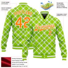 Laden Sie das Bild in den Galerie-Viewer, Custom Neon Green Bay Orange-White Check Board 3D Pattern Design Bomber Full-Snap Varsity Letterman Jacket