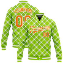Laden Sie das Bild in den Galerie-Viewer, Custom Neon Green Bay Orange-White Check Board 3D Pattern Design Bomber Full-Snap Varsity Letterman Jacket