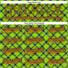 Laden Sie das Bild in den Galerie-Viewer, Custom Neon Green Bay Orange-Navy Check Board 3D Pattern Design Bomber Full-Snap Varsity Letterman Jacket