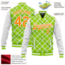 Laden Sie das Bild in den Galerie-Viewer, Custom Neon Green Bay Orange-White Check Board 3D Pattern Design Bomber Full-Snap Varsity Letterman Jacket