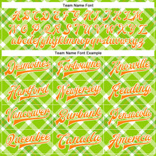 Laden Sie das Bild in den Galerie-Viewer, Custom Neon Green Bay Orange-White Check Board 3D Pattern Design Bomber Full-Snap Varsity Letterman Jacket